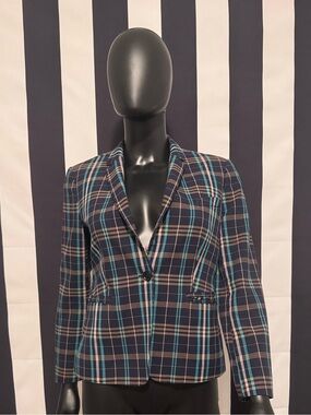 Boss Navy and Teal Plaid Single-Button Blazer